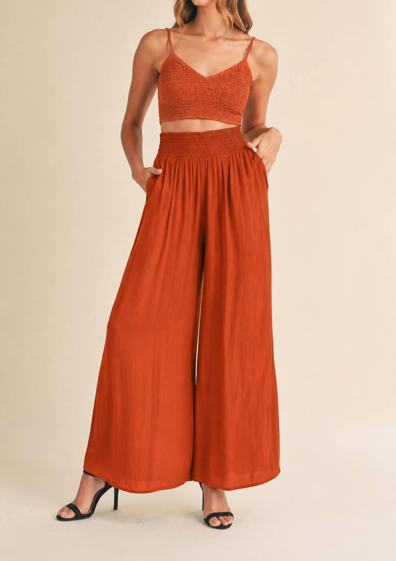 Mable - Smocked Bralette Crop Top & Wide Leg Pants Set