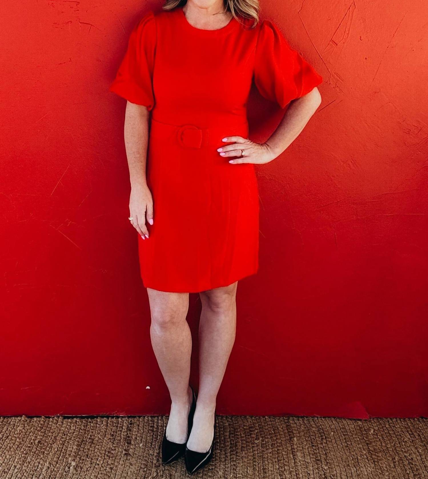 voy Dorothy Puff Sleeve Princess Line Sheath Dress in red - women's dress