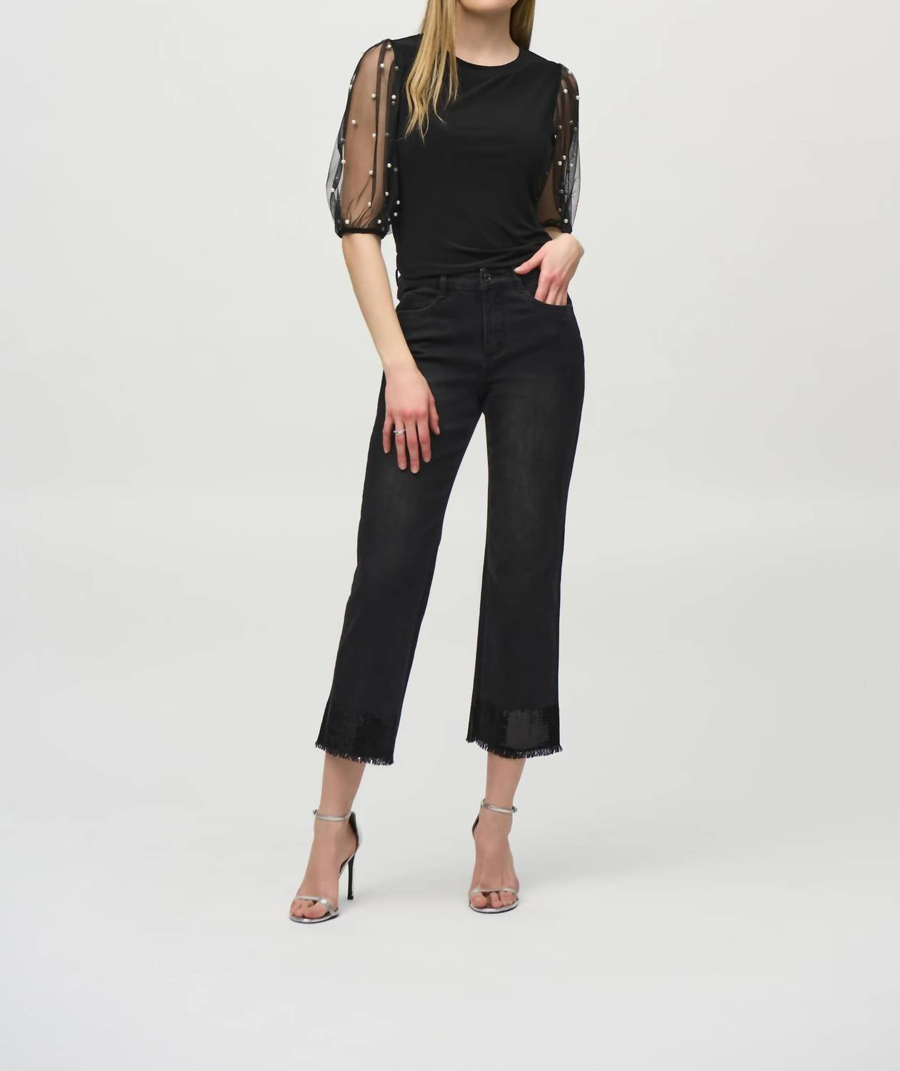 Joseph Ribkoff - Stasia Silky Knit Top With Embellished Mesh Sleeves