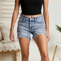 Judy Blue Mid-rise Rainbow Paint Splash Cut Off Shorts in blue - women's shorts