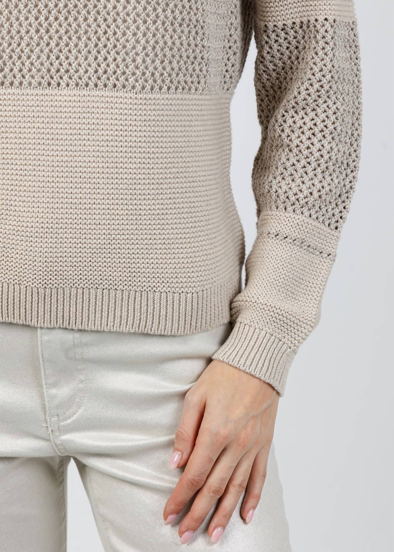Kinross Mixed Stitch Lurex Crew Sweater in dune - women's sweater - view 4
