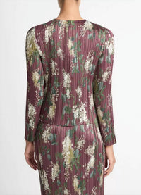 Vince Micro Pleated Crewneck Top in lilac printed - women's long sleeve top - detail view