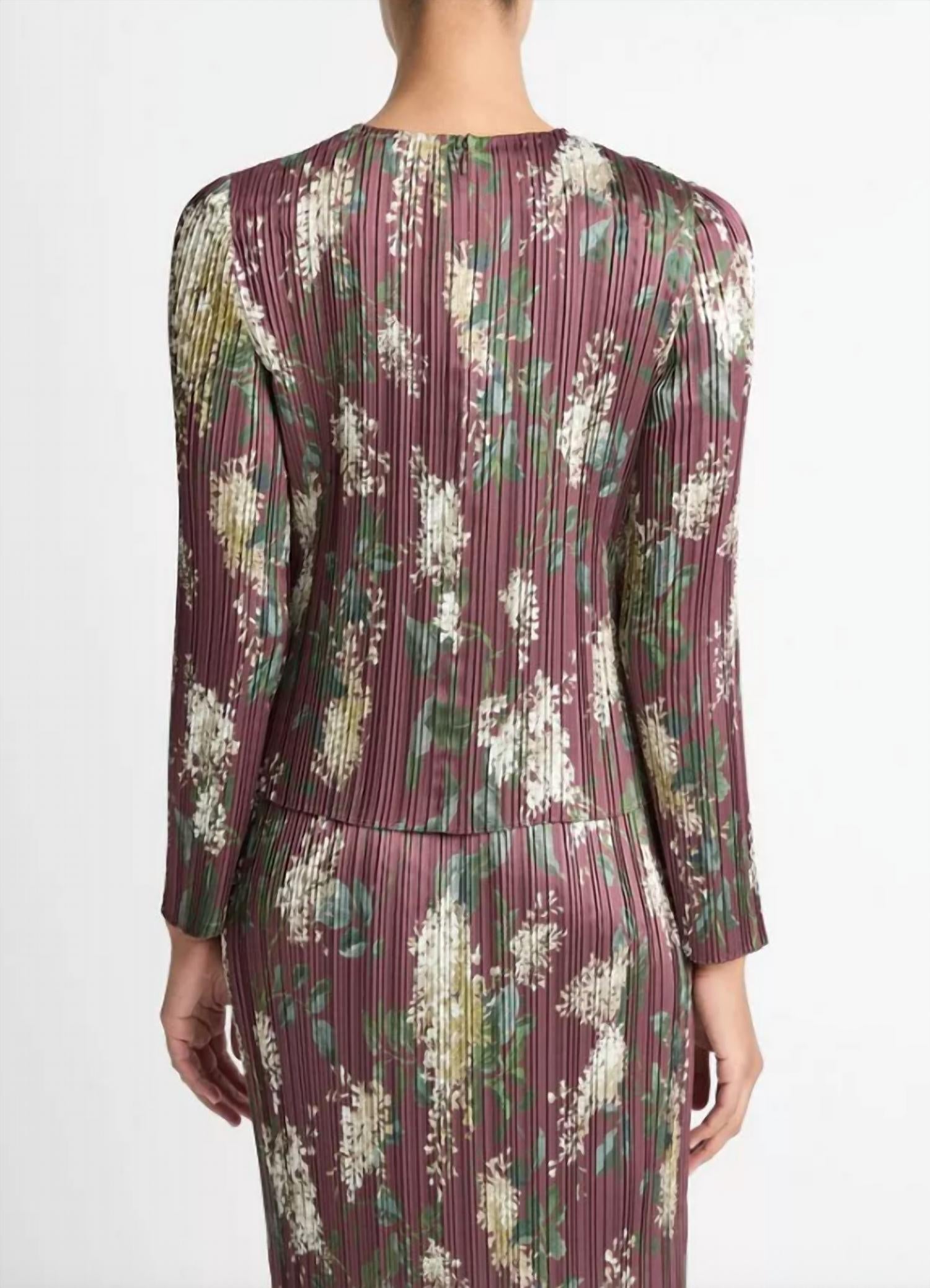 Vince Micro Pleated Crewneck Top in lilac printed - women's long sleeve top - detail view