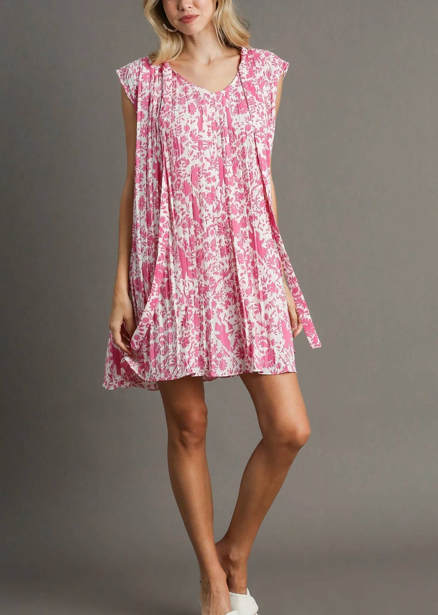 Umgee - Pleated Sleeveless Tie Neck Short Dress