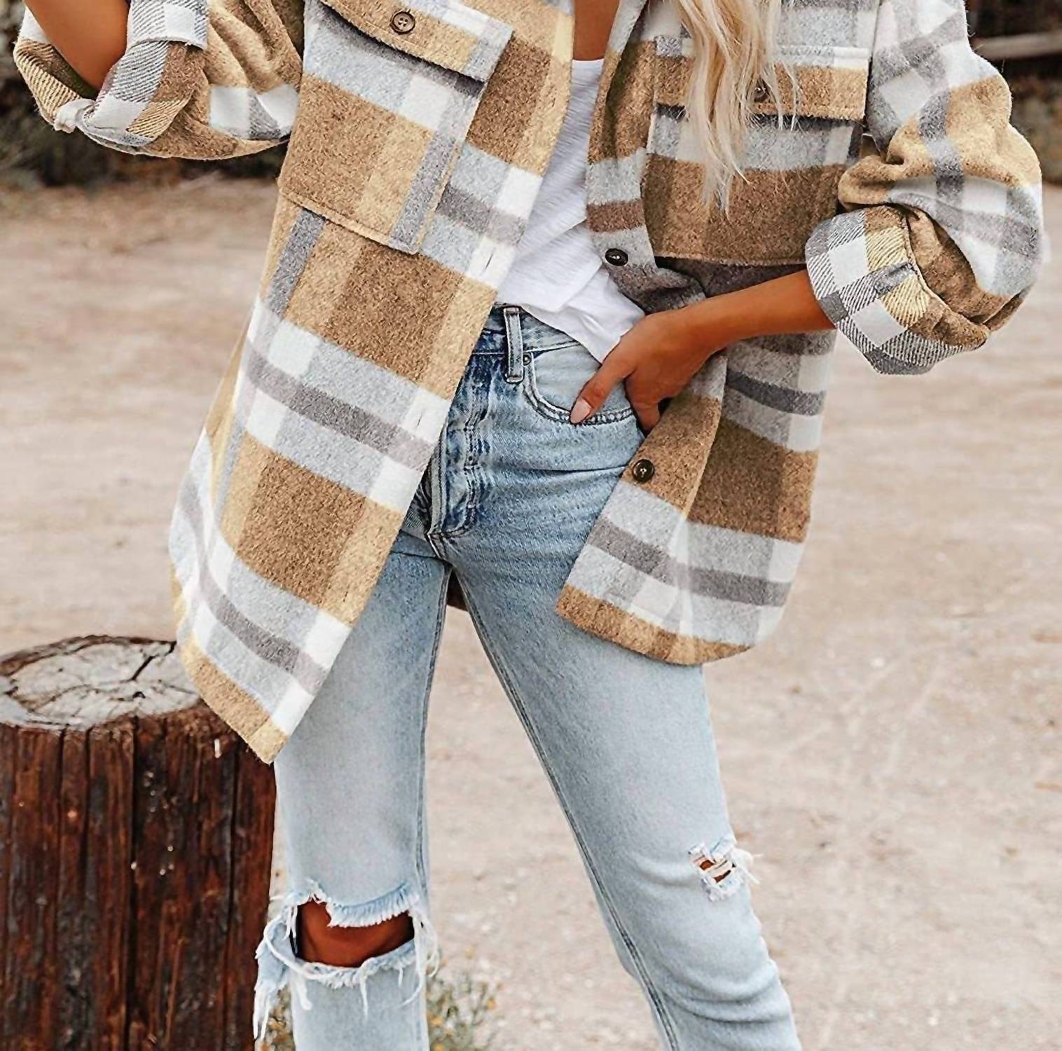Lovesoft - Plaid Button Flannel Shirt Jacket