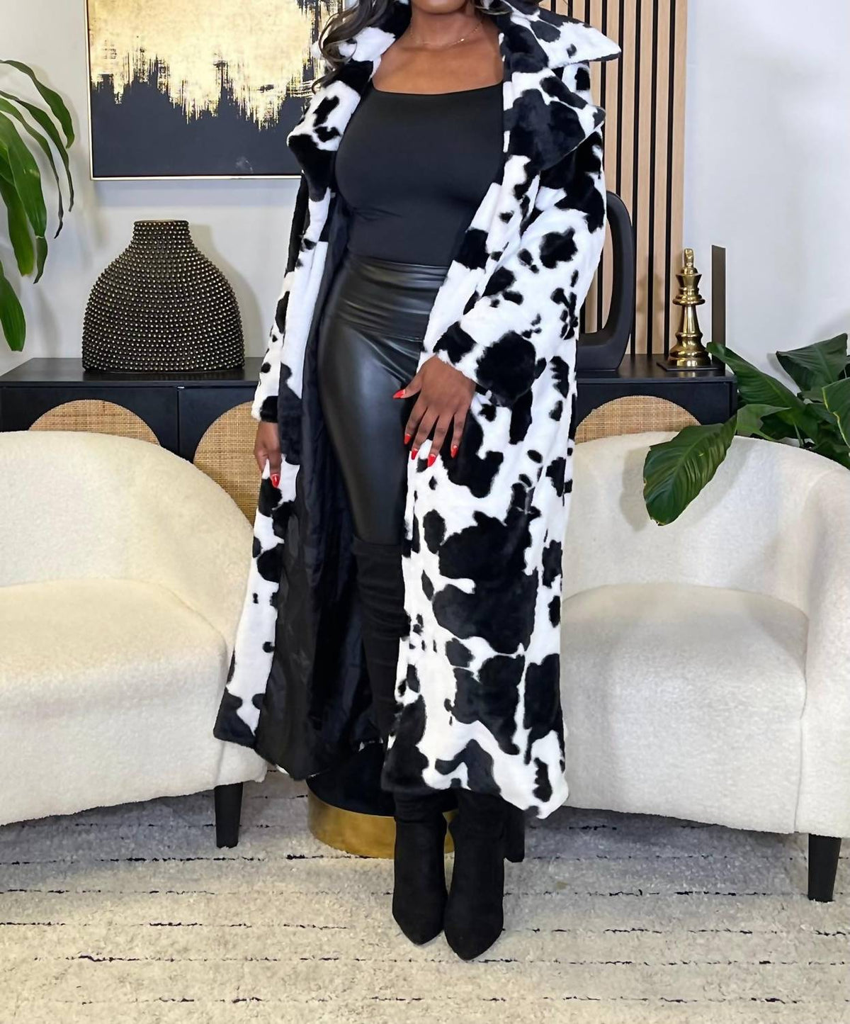 Hers & Mine - So Moody Cow Print Maxi Faux Fur Coat