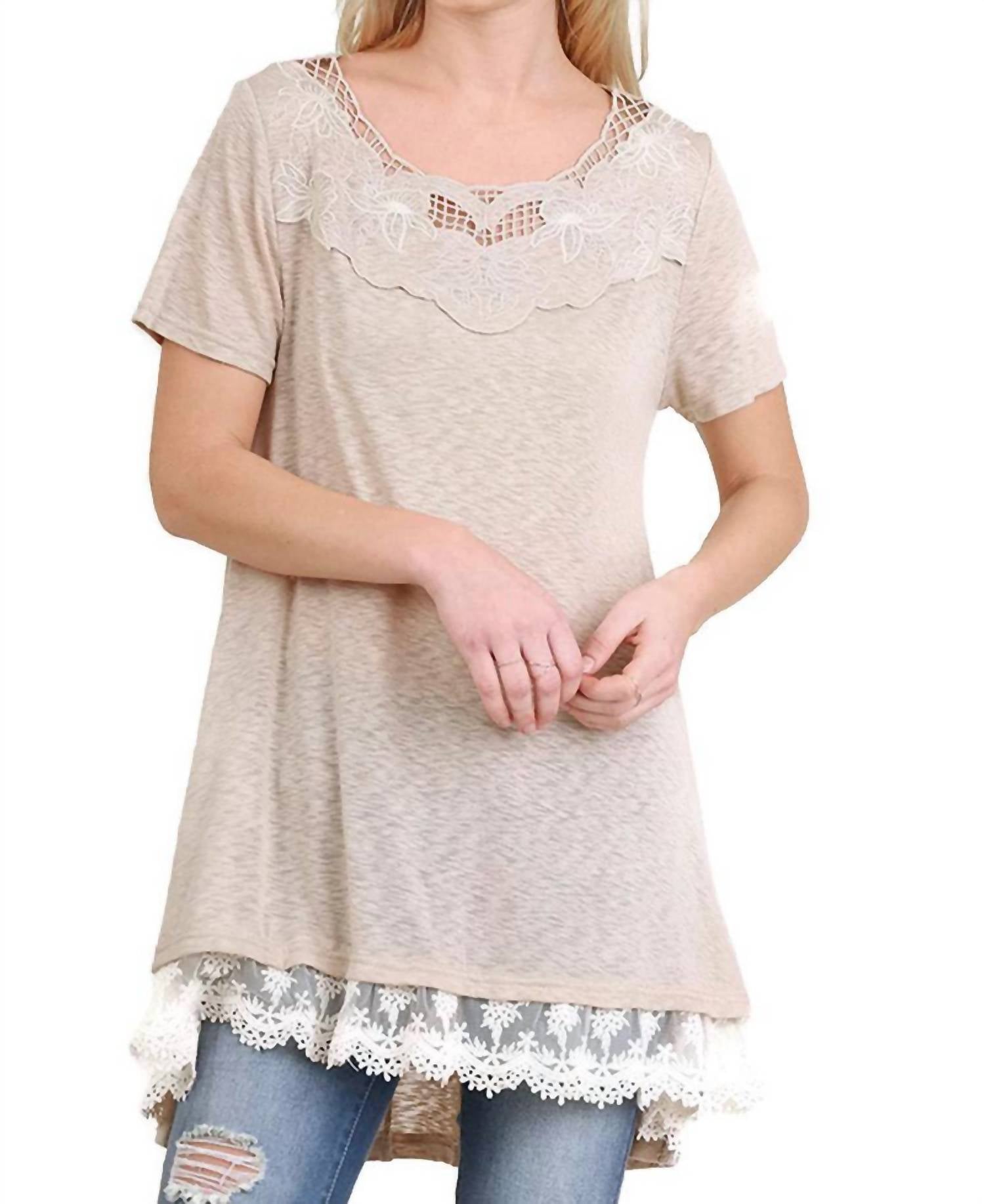 Umgee - Floral Crochet Lace Trim Tunic