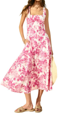DRESS FORUM Laguna Palm Square Neck Paneled Dress in hot pink white - women's dress - detail view