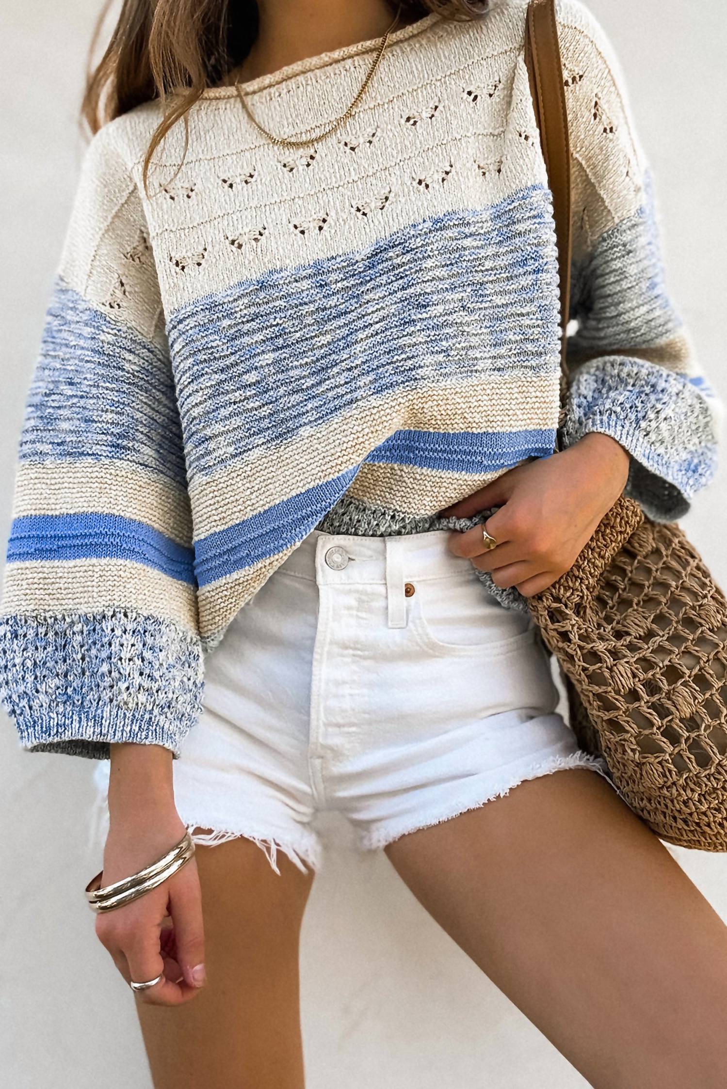 Shewin Striped Hollow Out Puff Sleeve Sweater in light blue - women's sweater