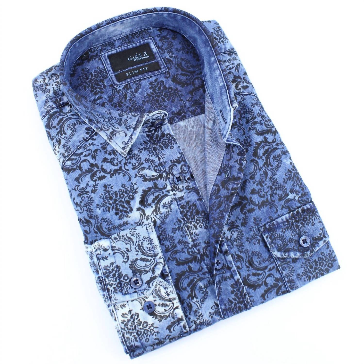 Eight X - Men's Distressed Denim Shirt With Floral Flocking