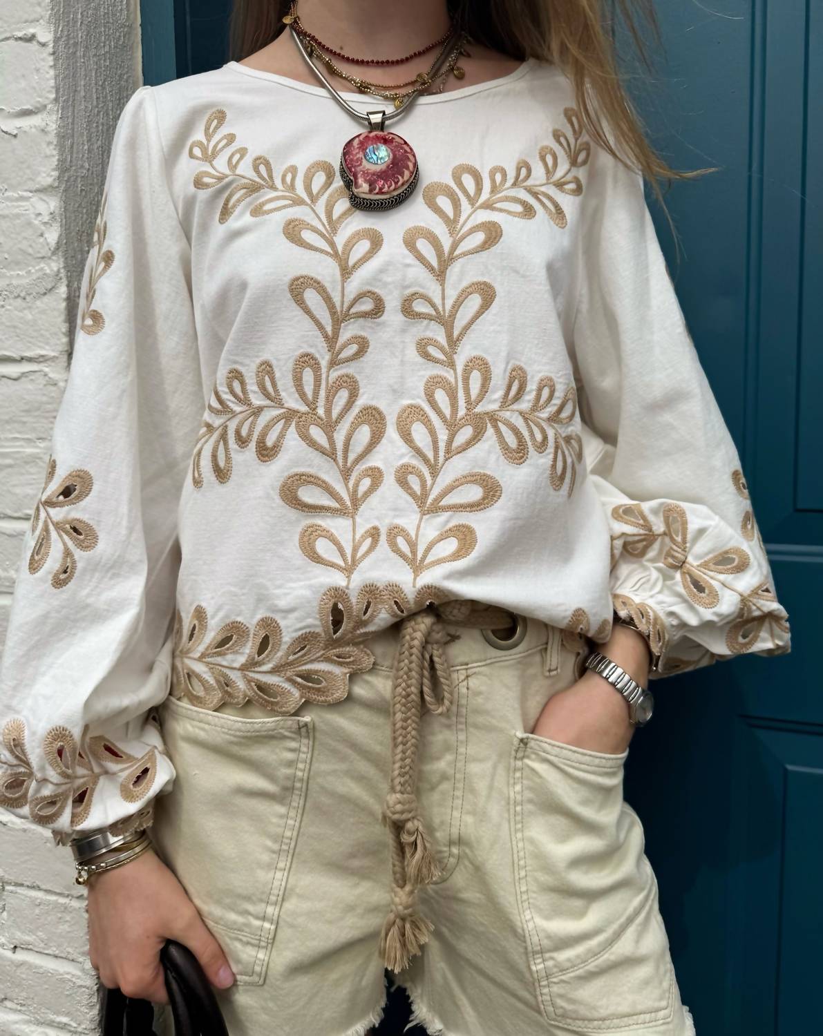 a.ren Felicity Embroidered Top in off white - women's long sleeve top - detail view