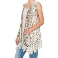 Origami Women's Leopard Print Duster Vest in grey ivory - women's cardigan - detail view