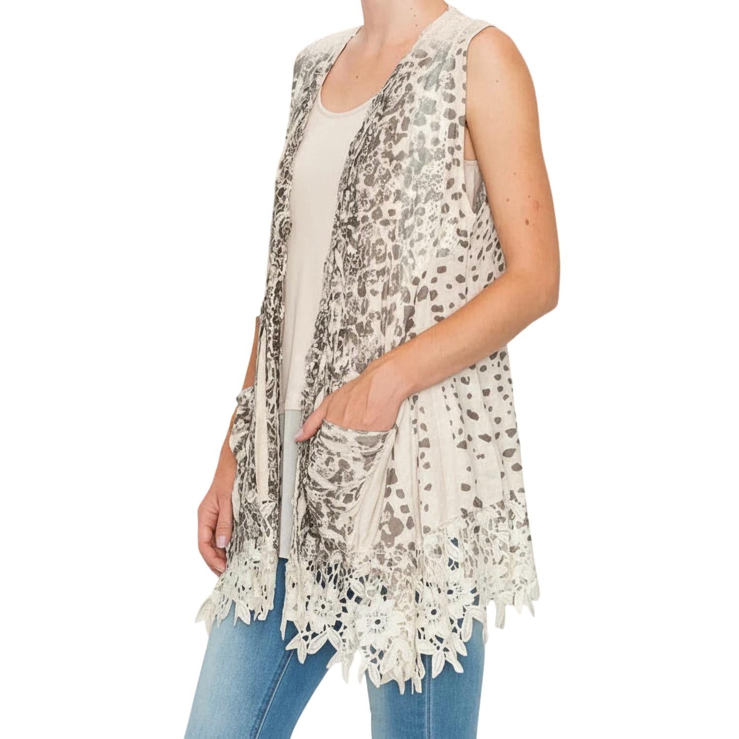 Origami Women's Leopard Print Duster Vest in grey ivory - women's cardigan - detail view