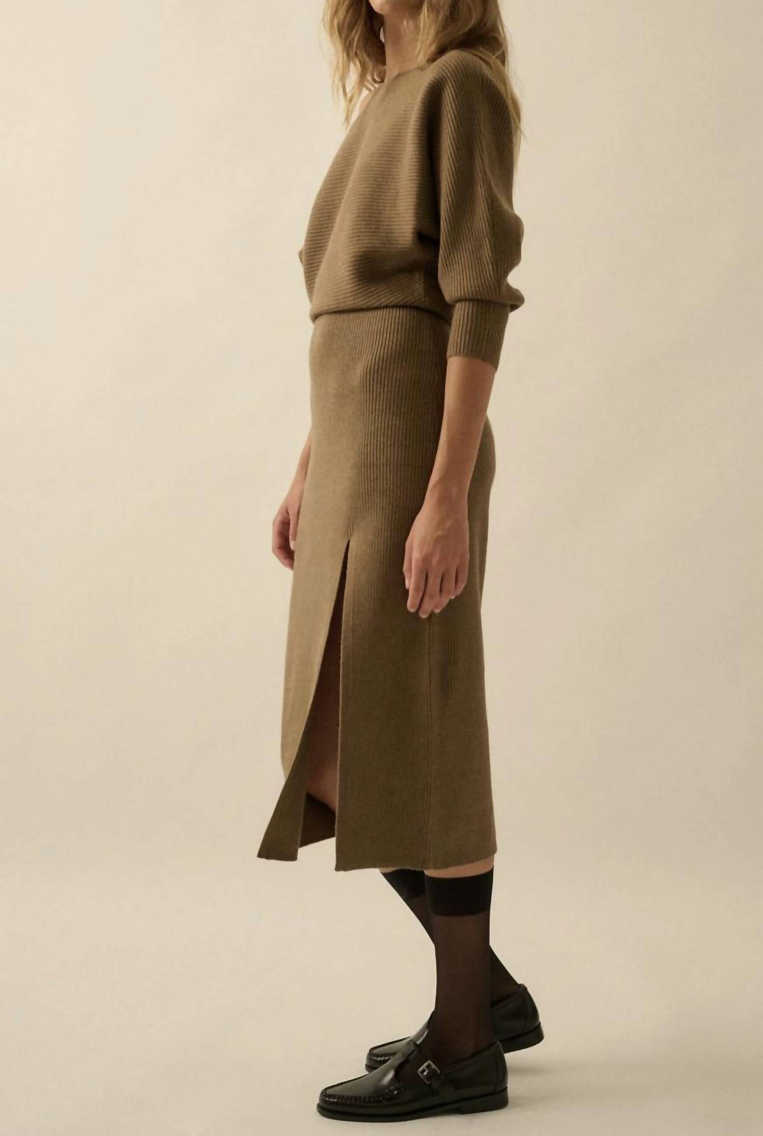 PROMESA Rib-Knit One-Shoulder Dolman Midi Sweater Dress in olive brown - women's dress - view 4