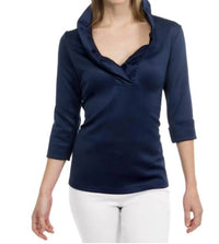 GRETCHEN SCOTT Jersey Ruffneck Top in solid navy - women's blouse