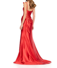 ASHLEYlauren Romantic Shimmer Bow Strap Jersey Gown in red - women's dress - detail view