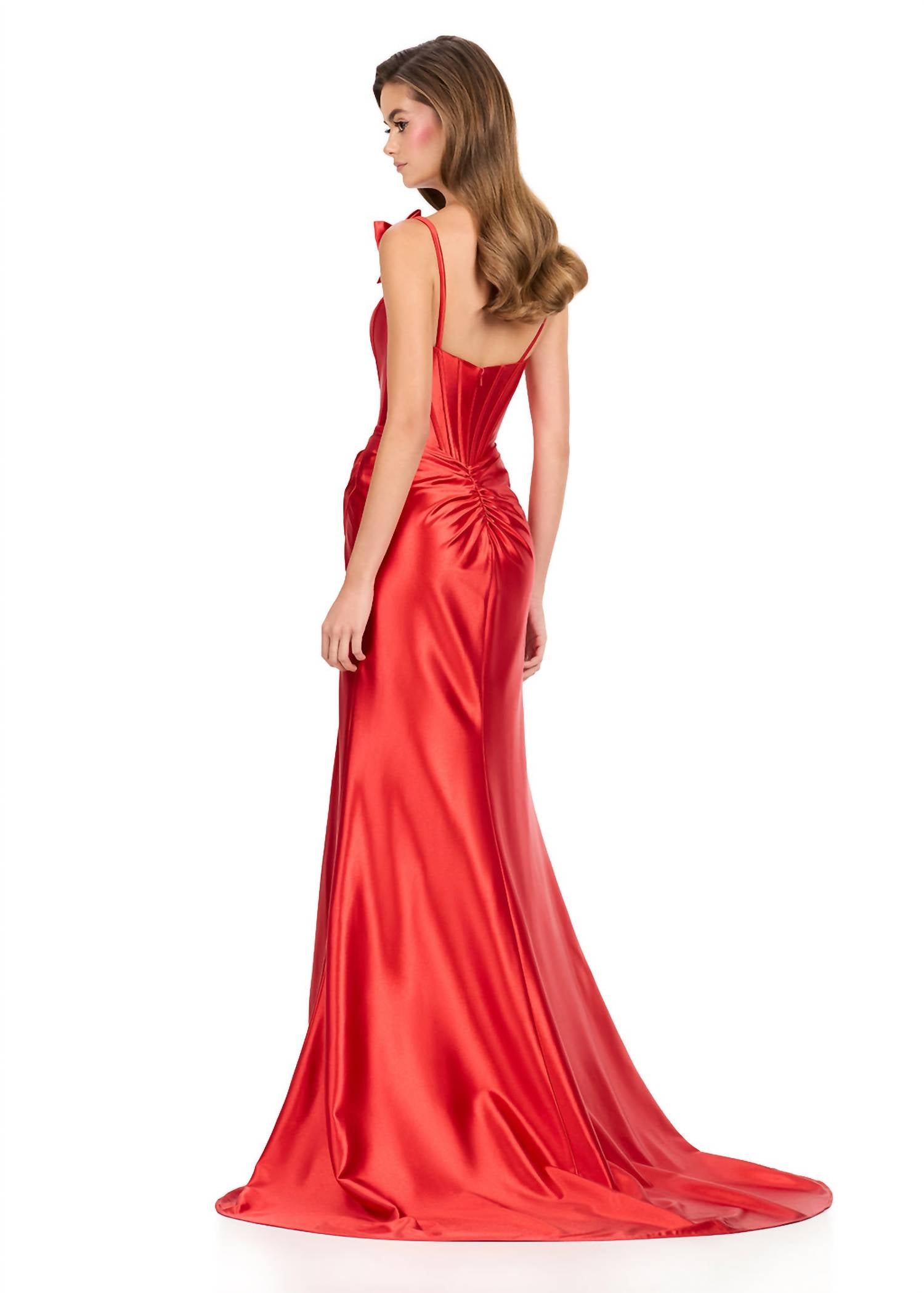 ASHLEYlauren Romantic Shimmer Bow Strap Jersey Gown in red - women's dress - alternate view