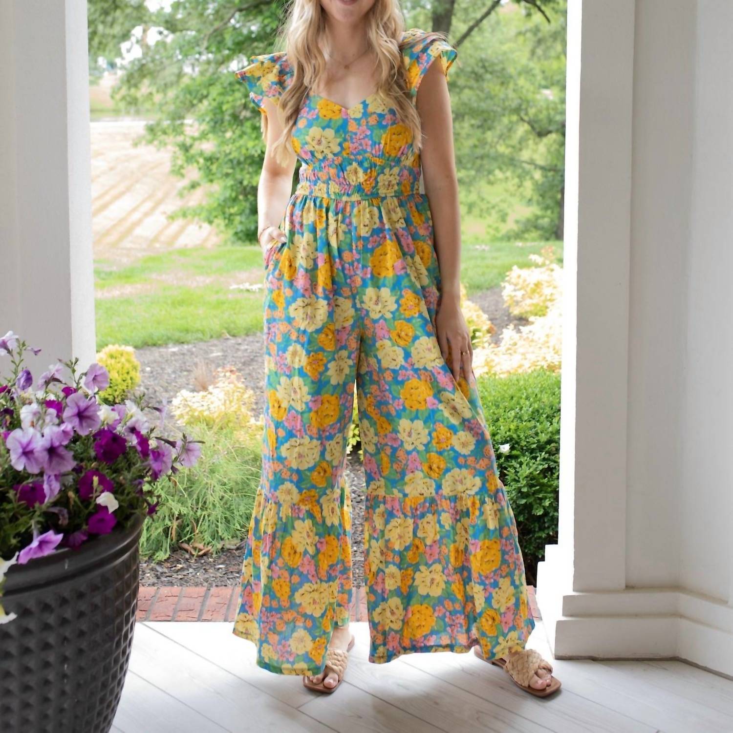 &merci Super Trouper Floral Jumpsuit in yellow blue - women's pants