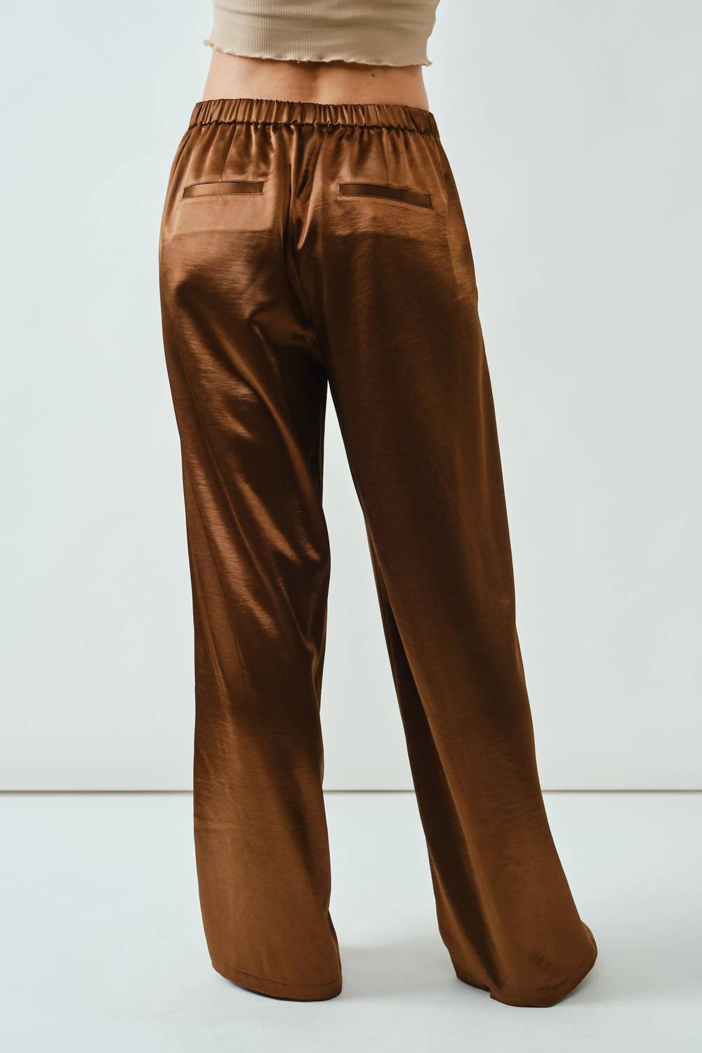 Aaron & Amber Milo Satin Comfy Straight Pants in brown - women's pants - alternate view