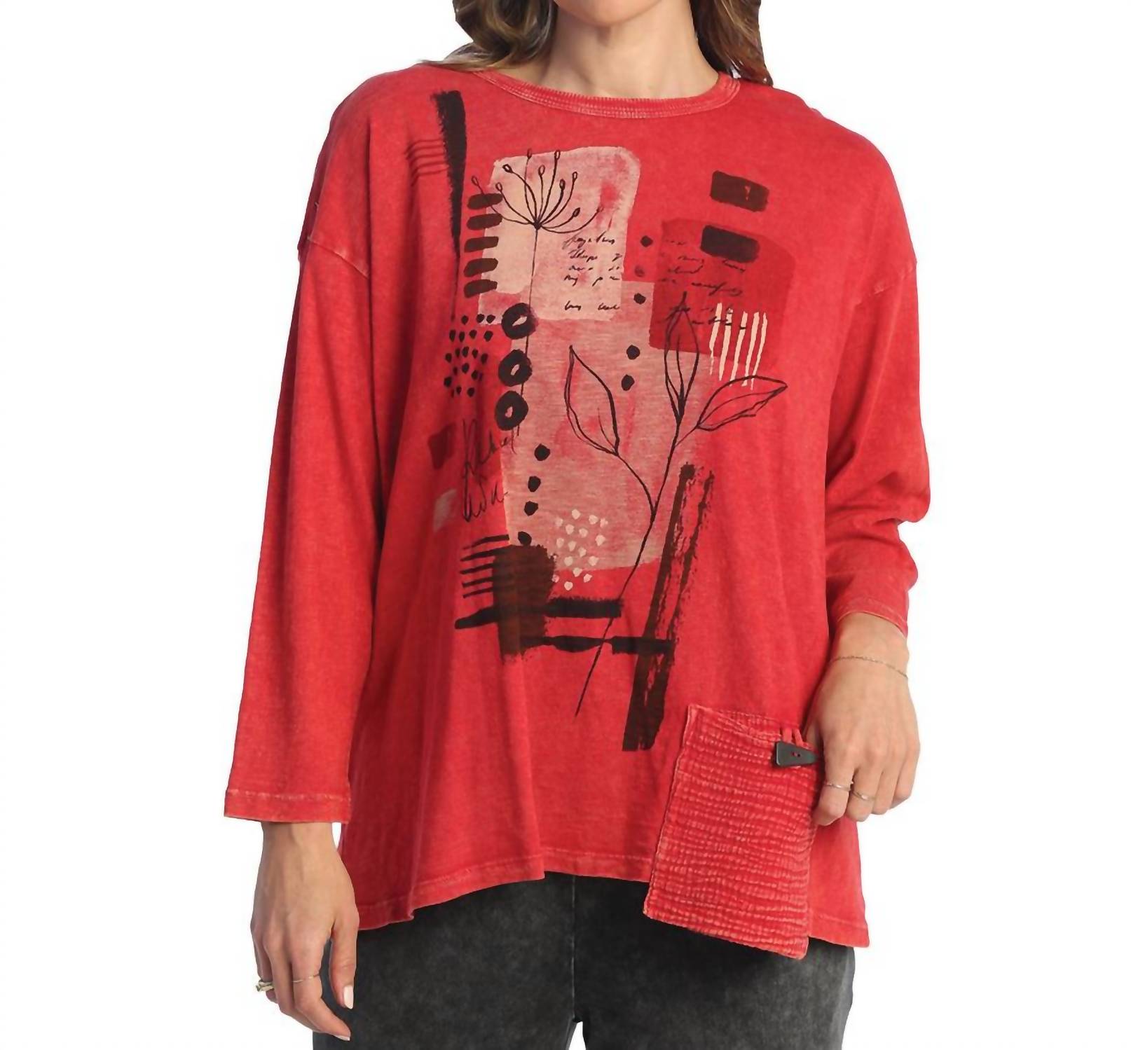 Jess & Jane Foliage Mineral Washed Gauze Contrast Pocket Top in scarlet - women's shirt