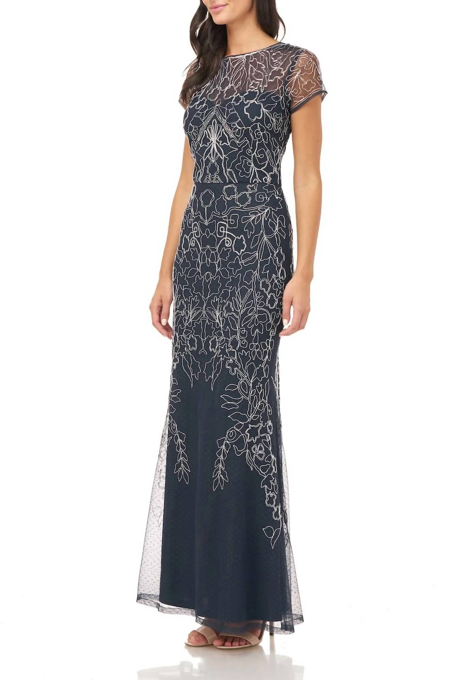 Js Collections - Women's Crew Neck Short Sleeve Illusion Soutache Mesh Dress