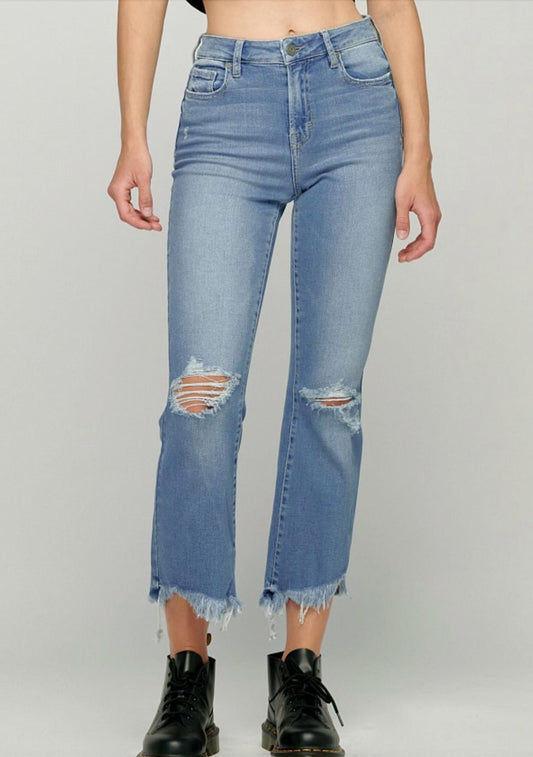 Hidden - Helena High Rise Cropped Flare Jeans With Uneven Hem