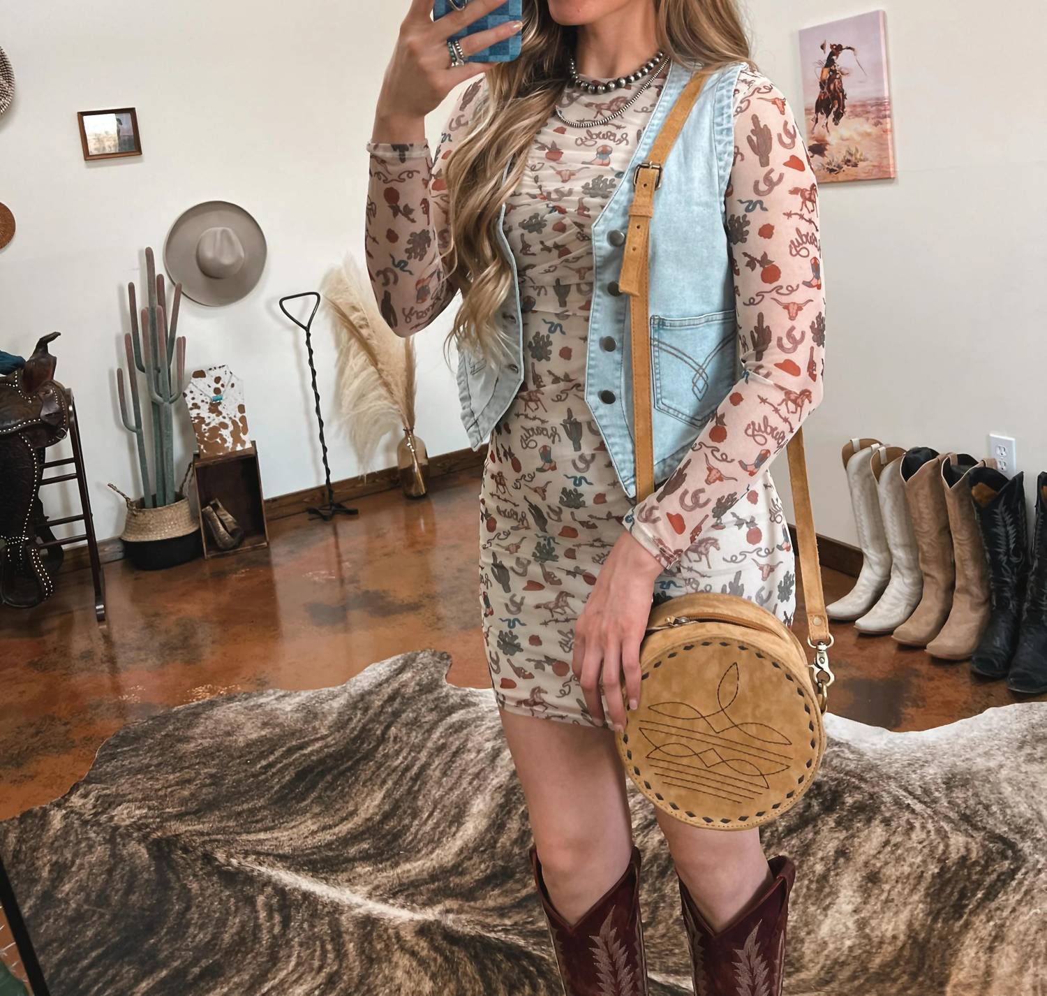 Rock & Roll Denim - Tattooed Western Print Mesh Dress