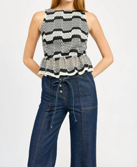 En Saison - Genesis Stripe Open Stitch Sleeveless Peplum Tank Top
