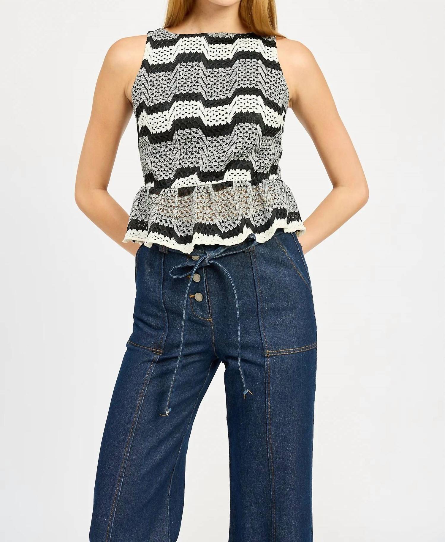 En Saison - Genesis Stripe Open Stitch Sleeveless Peplum Tank Top