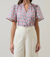 SUGARLIPS Gemalee Eyelet Mei Split Neck Top in pink green - women's blouse - view 4