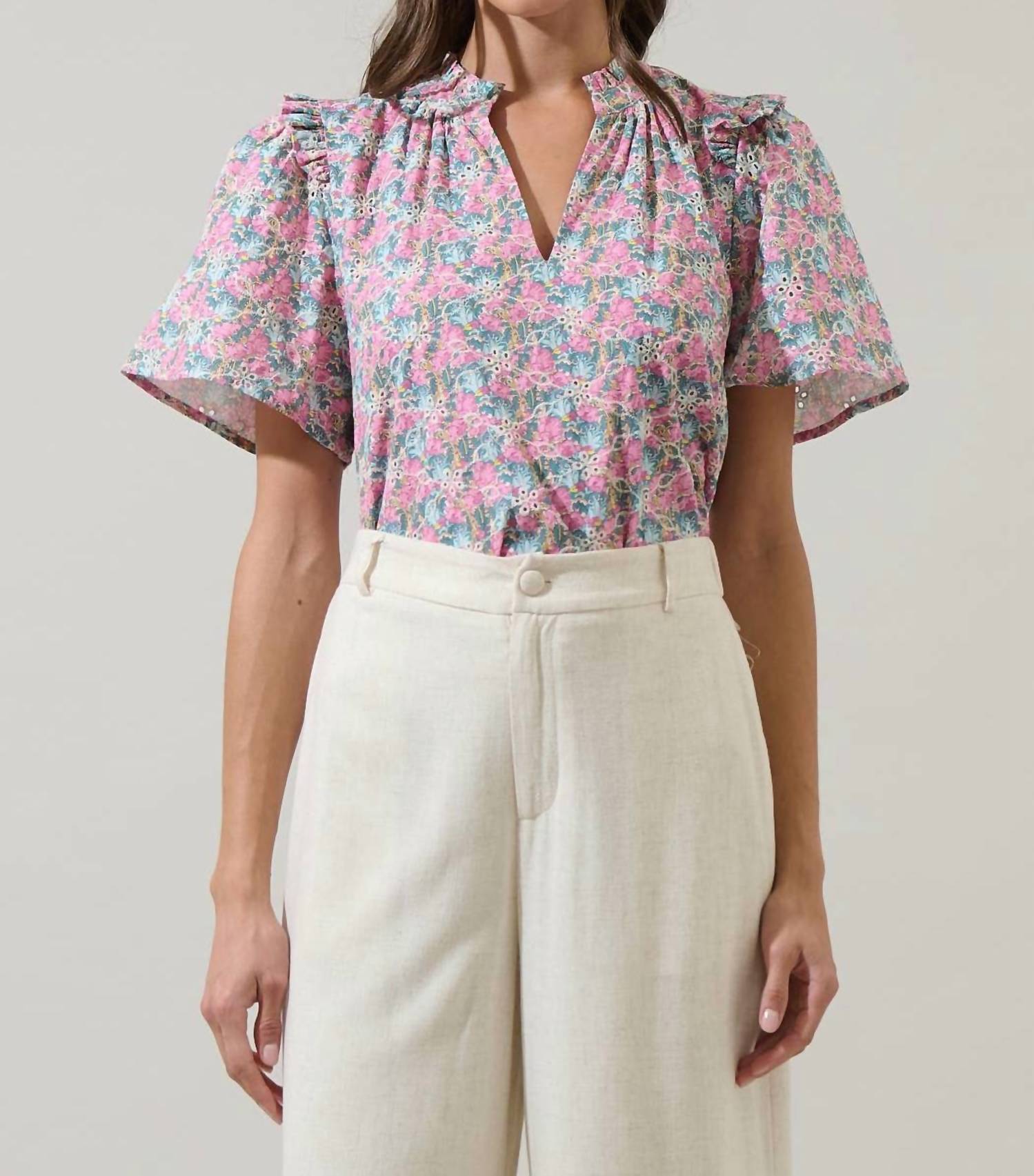 SUGARLIPS Gemalee Eyelet Mei Split Neck Top in pink green - women's blouse - view 4