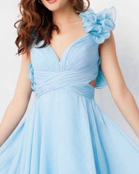Jovani - Chiffon Ruffle Shoulders V-neck Short Dress