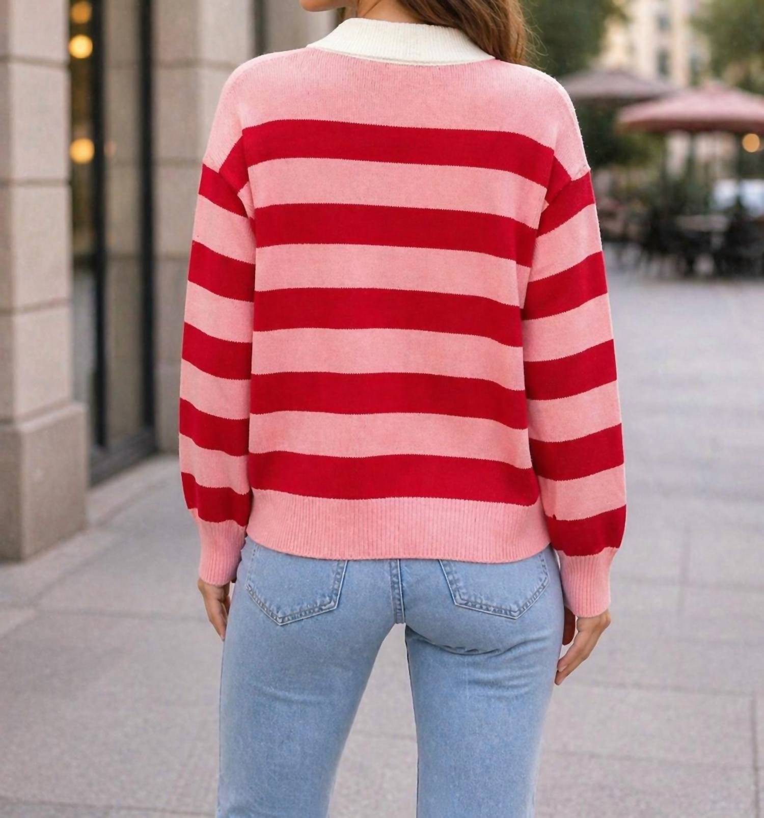 DESIGN HISTORY Heart sweater in pink and red stripe - women's sweater - detail view