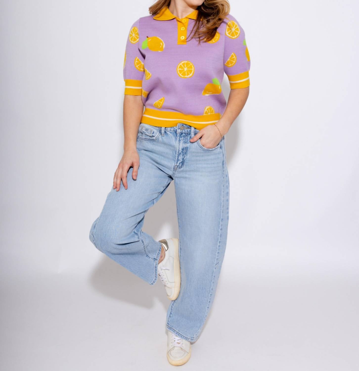 THML Lemon Drop Sweater Top in purple - women's long sleeve top - detail view