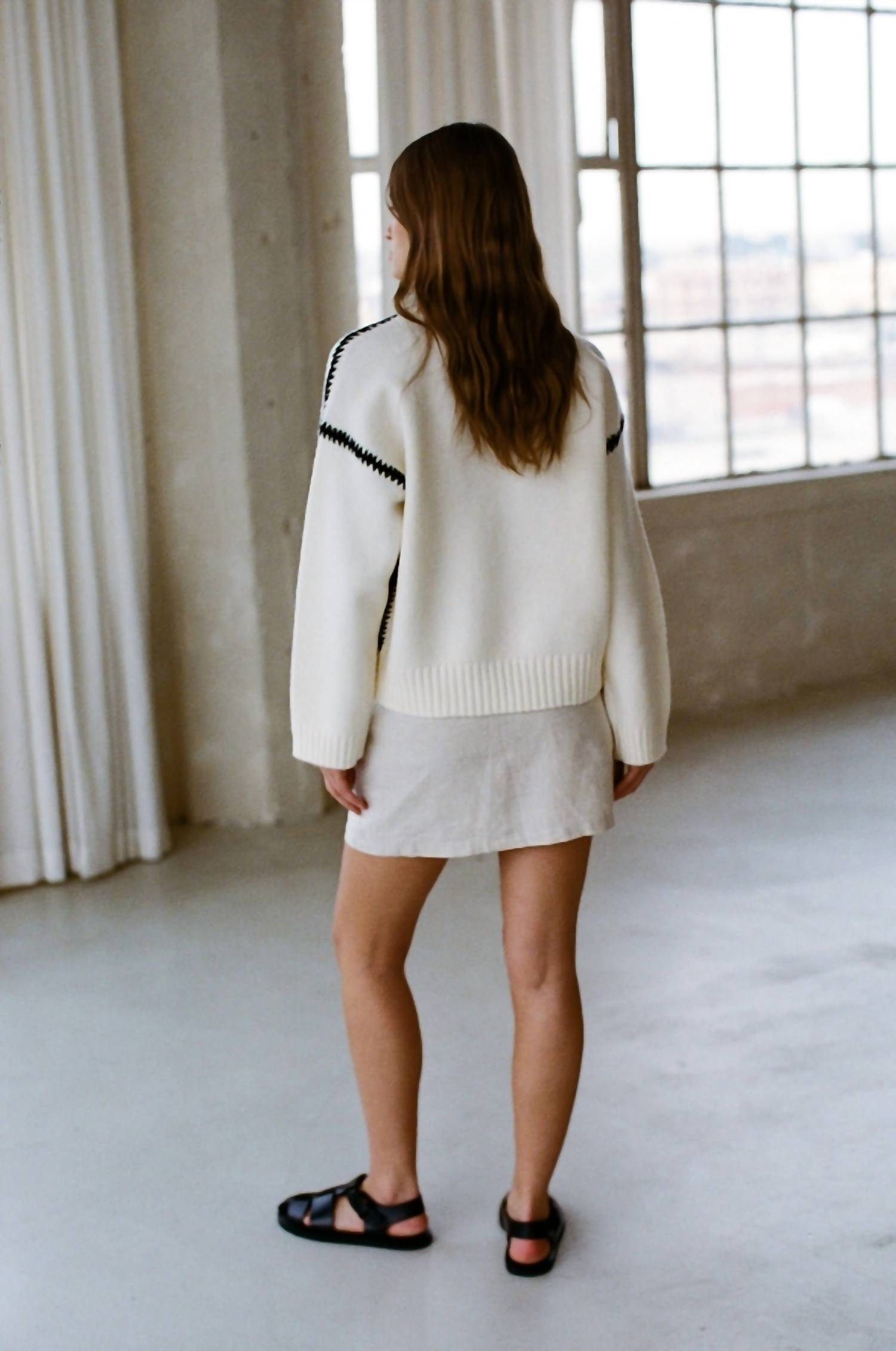 a.ren Crewneck Sweater With Side Stitching in white black - women's sweater - view 4
