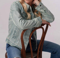 Scully Classic Leather Jean Jacket in light denim blue - women's jacket - detail view