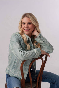 Scully Classic Leather Jean Jacket in light denim blue - women's jacket - alternate view