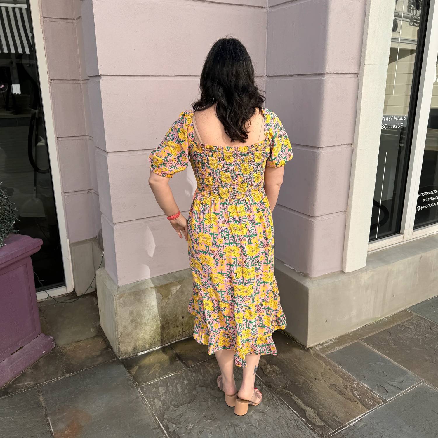 Voy - Drawstring Tie Puff Sleeve Midi Print Dress