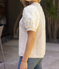 Voy - Floral Lace Sleeve Plaid Textured Tweed Top