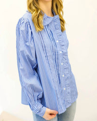 Karlie - Stripe Poplin Ruffle Collar Pleat Top