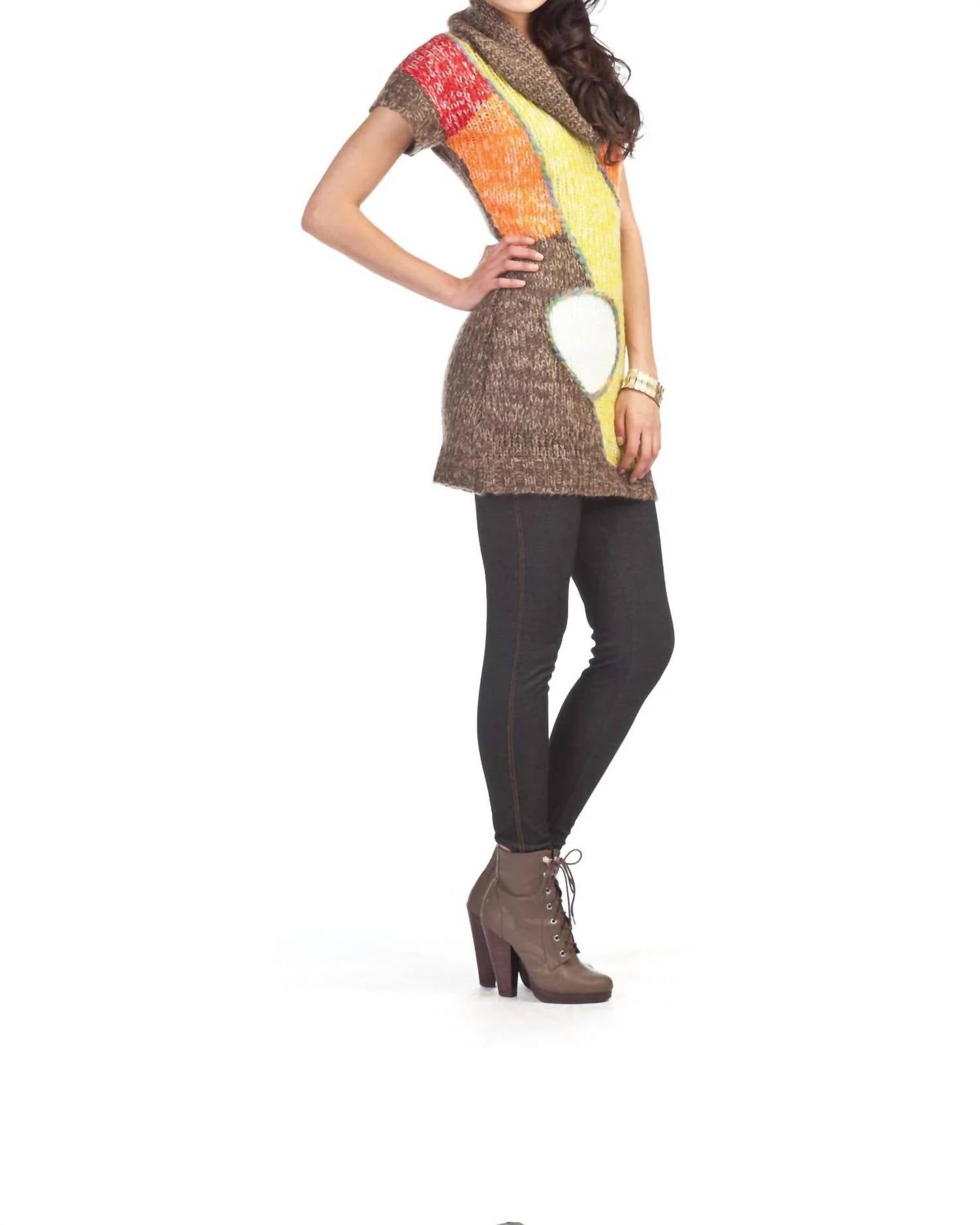 Papillon - Cowl Neck Chunky Knit Geo Pattern Sweater Dress