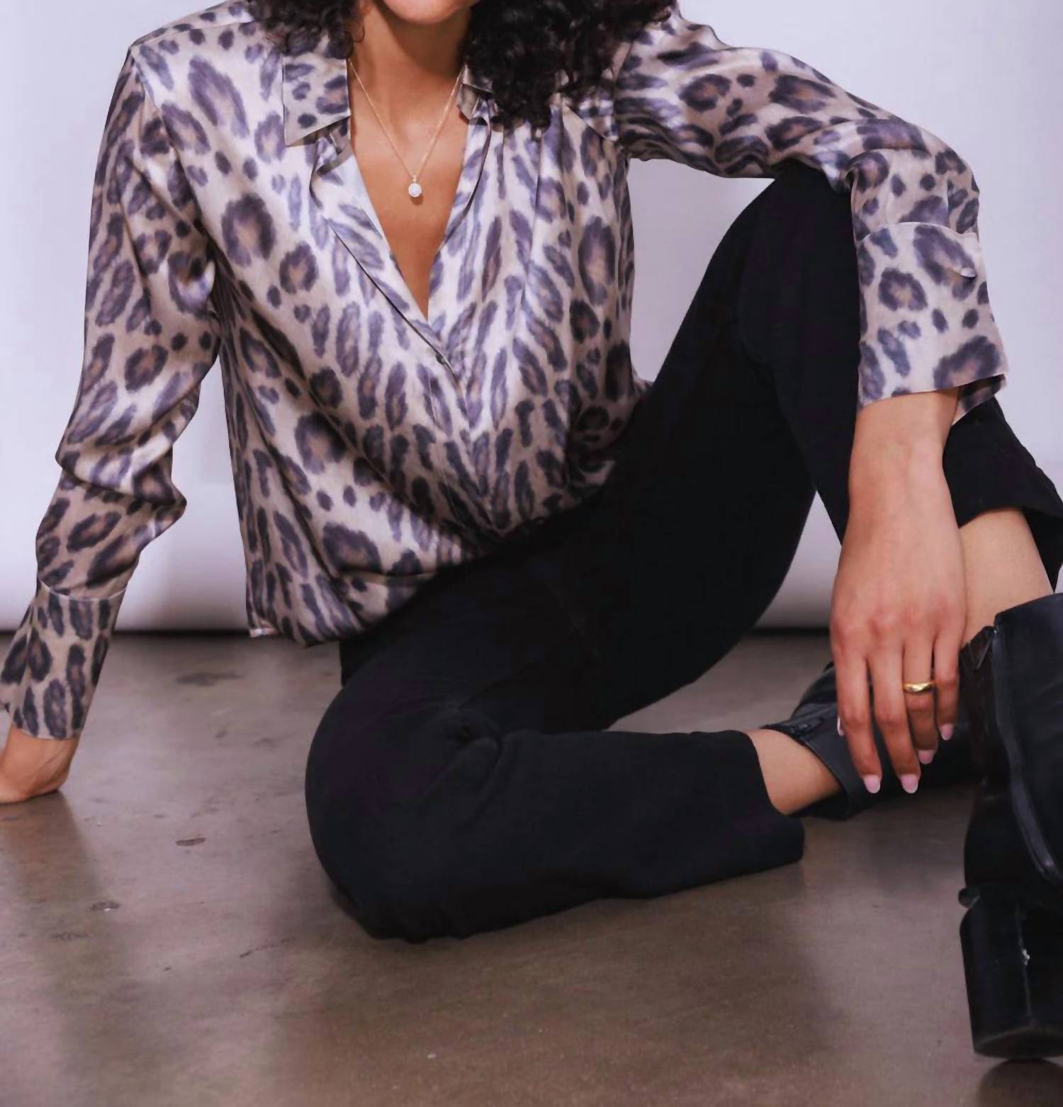 catherine gee Daria French Cuff Silk Blouse in new leopard 1 - women's blouse - detail view