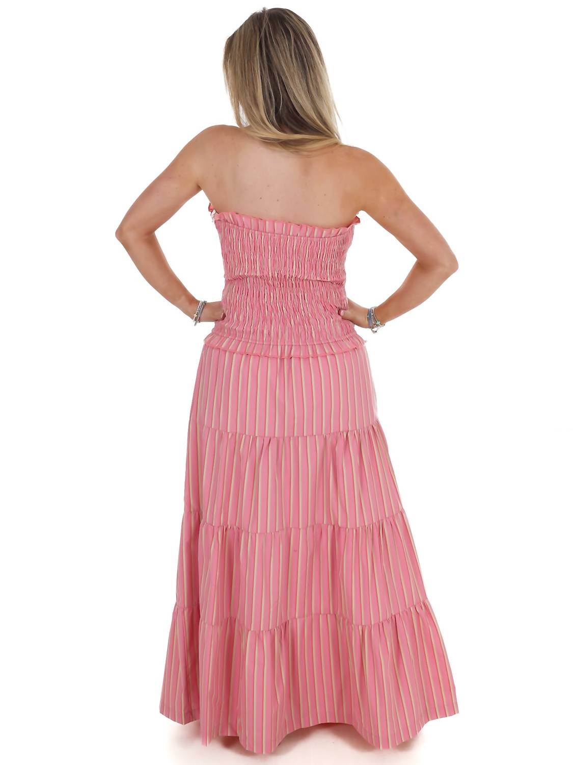 Bailey Rose Sunthread Striped Smocked Maxi Dress in strawberry - women's dress - detail view