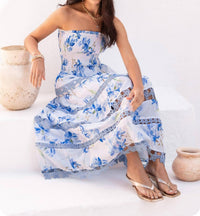 Strut & Bolt - Floral Print Smocked Lace Trim Midi Dress