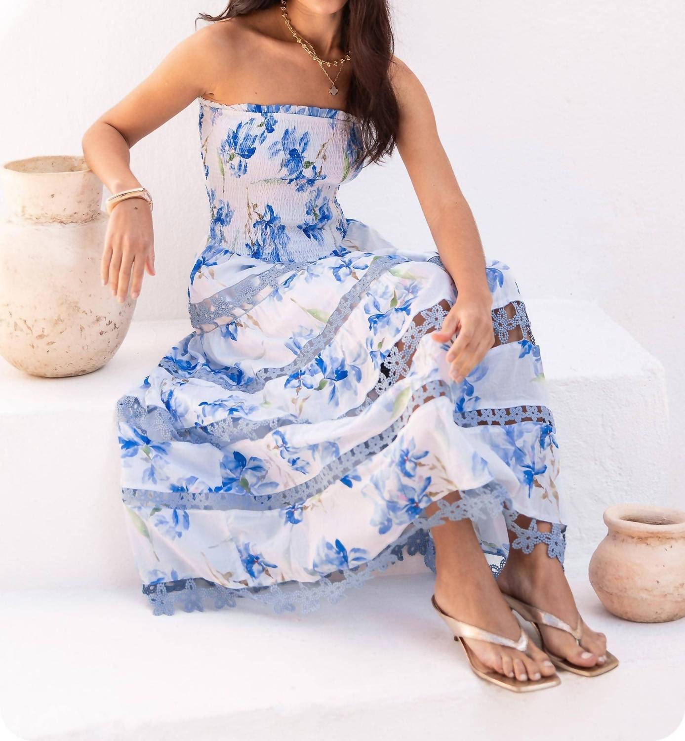 Strut & Bolt - Floral Print Smocked Lace Trim Midi Dress
