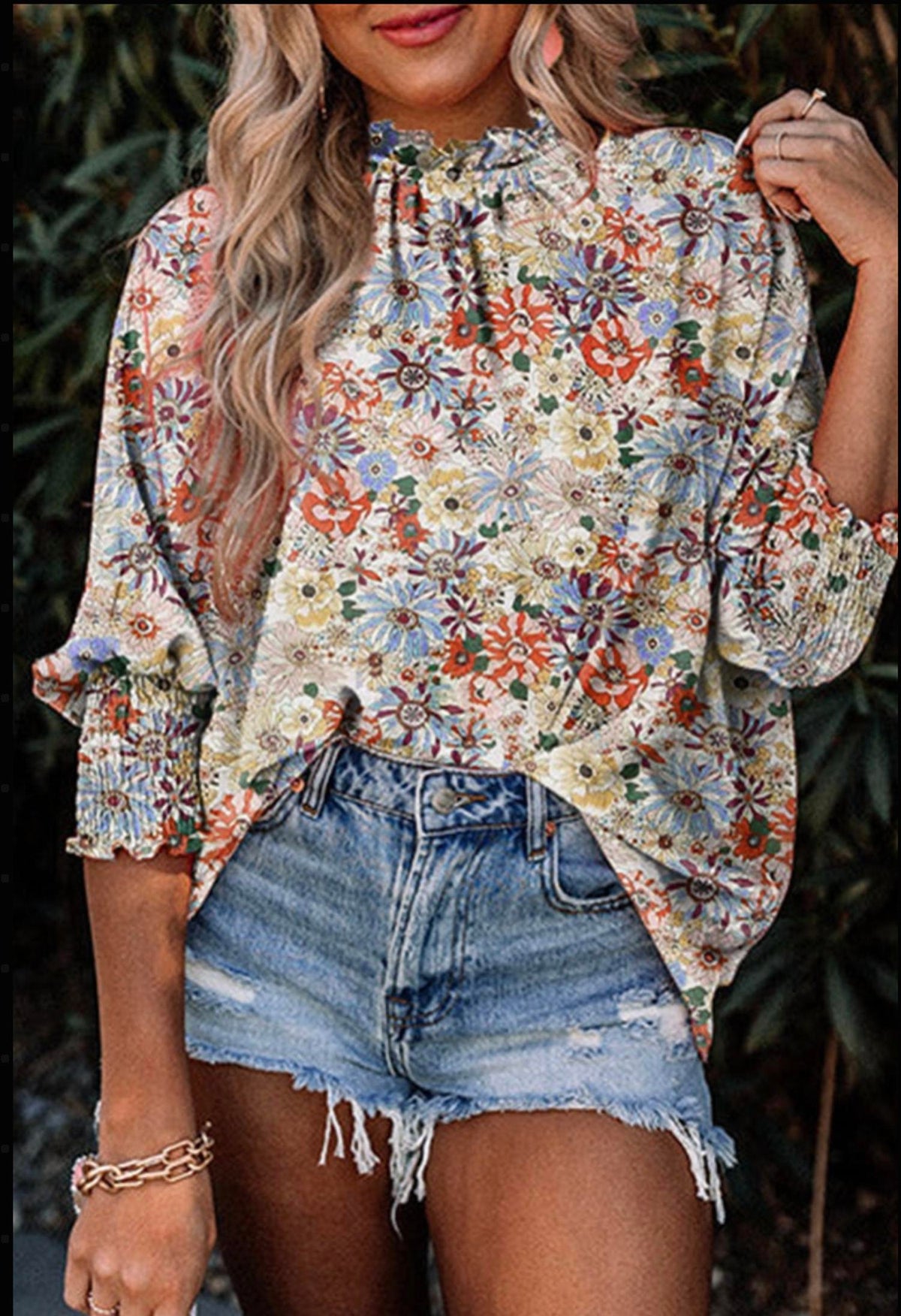 Dear Lover - Floral Bubble Sleeve Multi Blouse