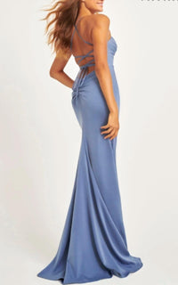 Faviana - Matte Satin Maxi Dress With Gathered Side And Lace-Up Back