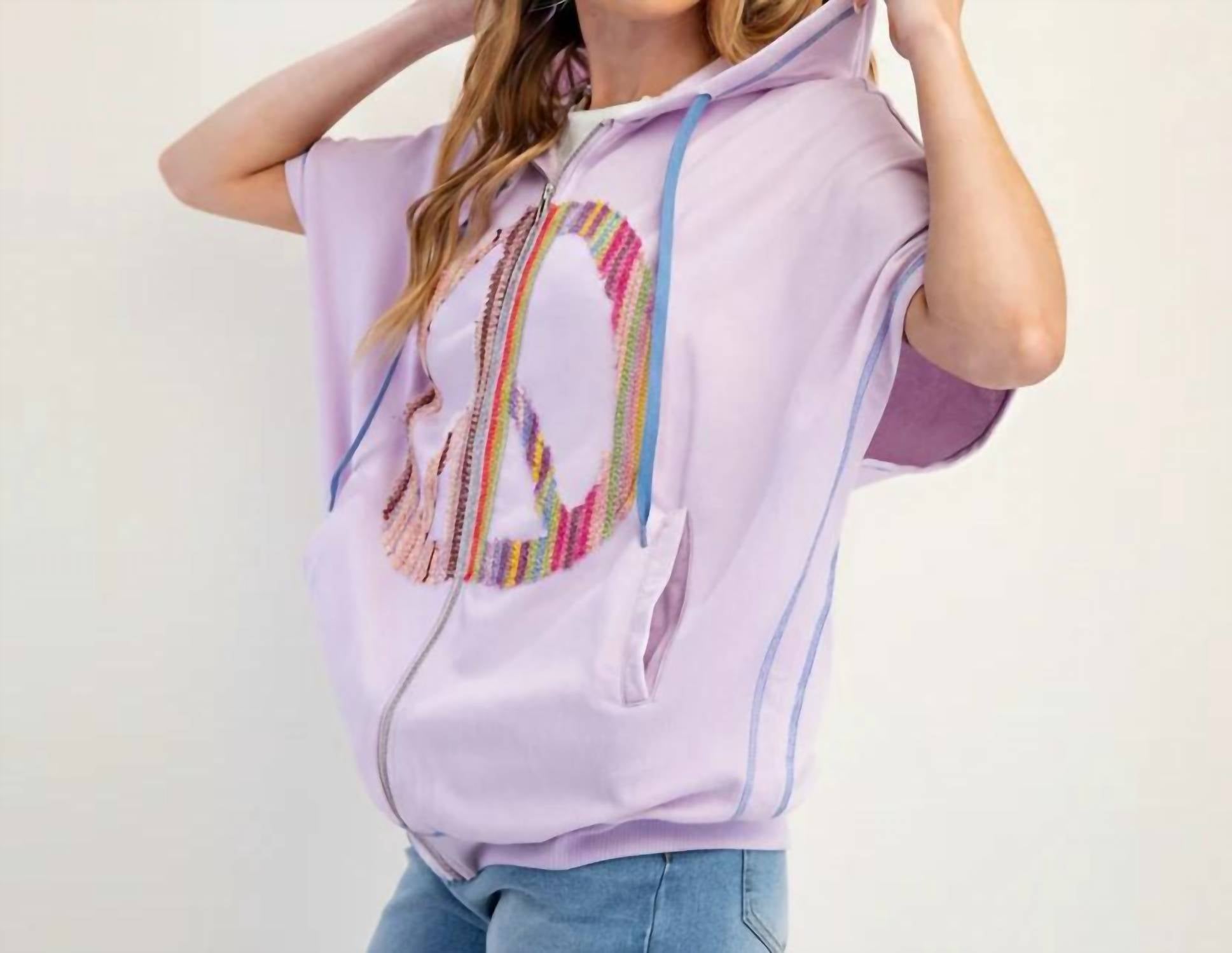 Easel - Ava Peace Patch Zip Up Short Sleeve Hoodie