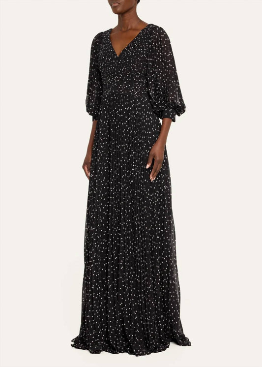 Teri Jon - Pleated Polka Dot Chiffon Gown