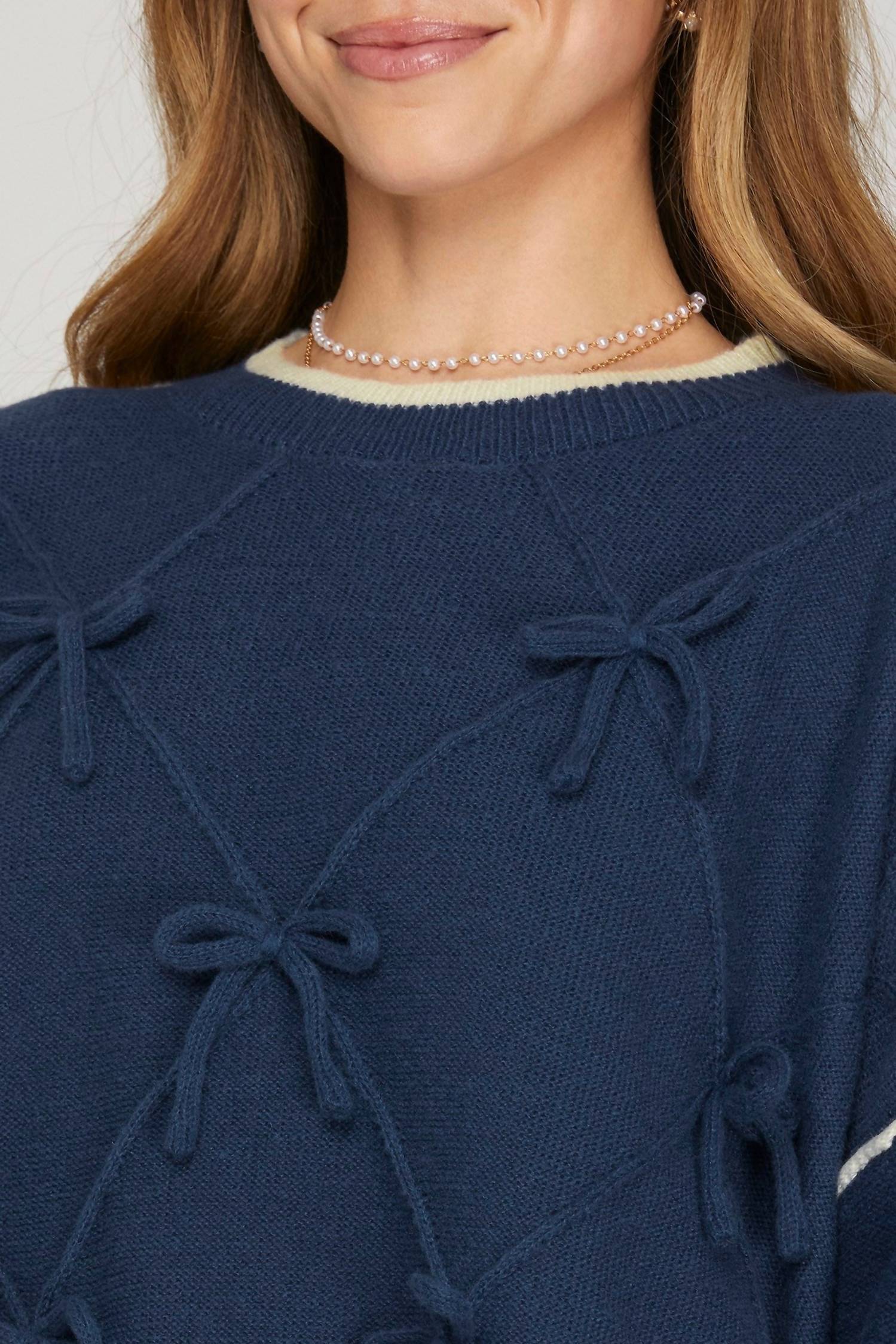 SHE + SKY Bow Detail Sweater Top in navy - women's sweater - view 5